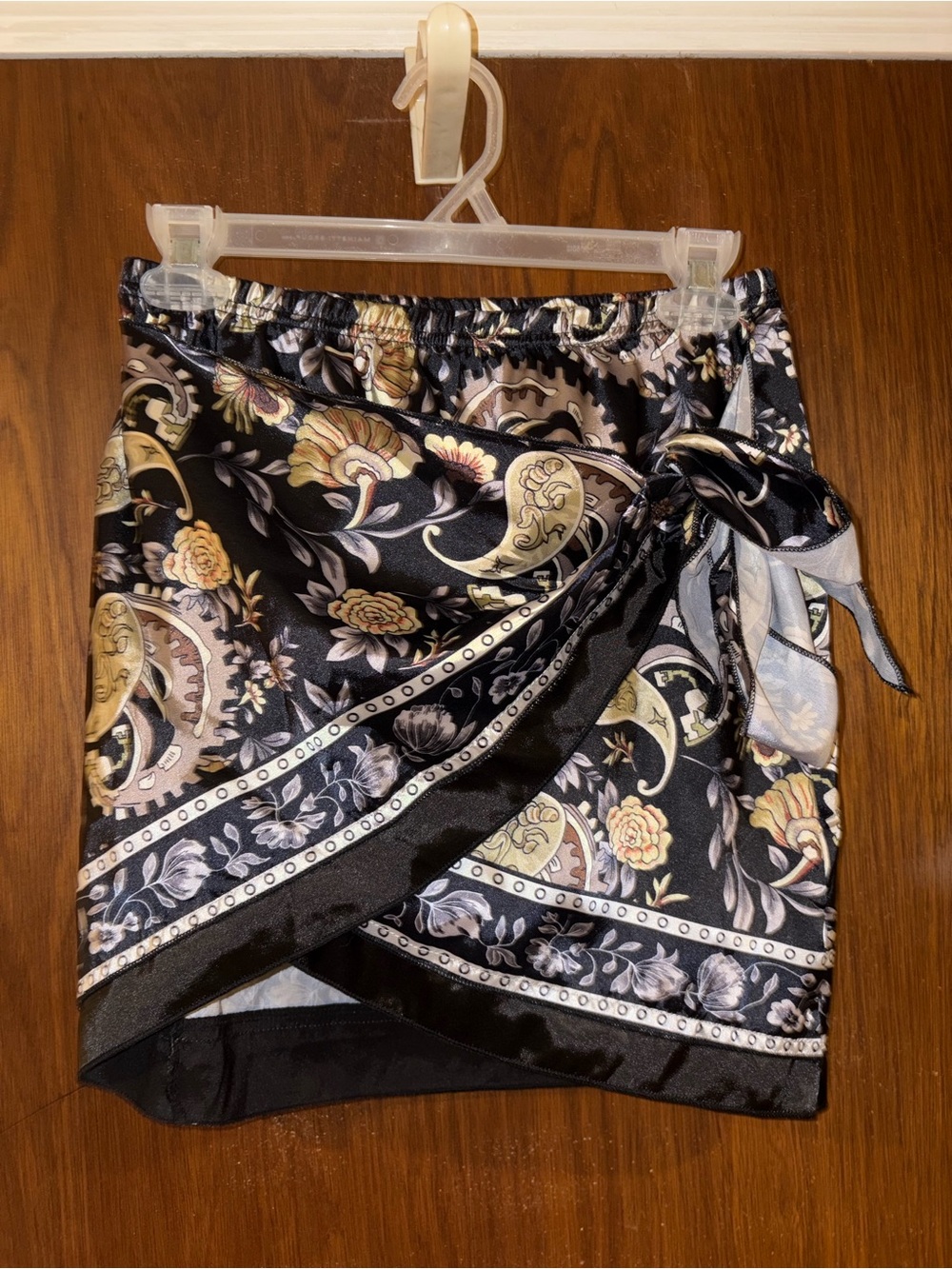 Floral Paisley Satin Wrap Mini Skirt - Black & Gold